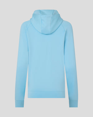 Rear view of light blue Harlequins presentation scuba hoodie with the hood up