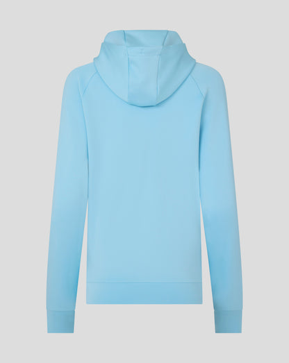 Rear view of light blue Harlequins presentation scuba hoodie with the hood up