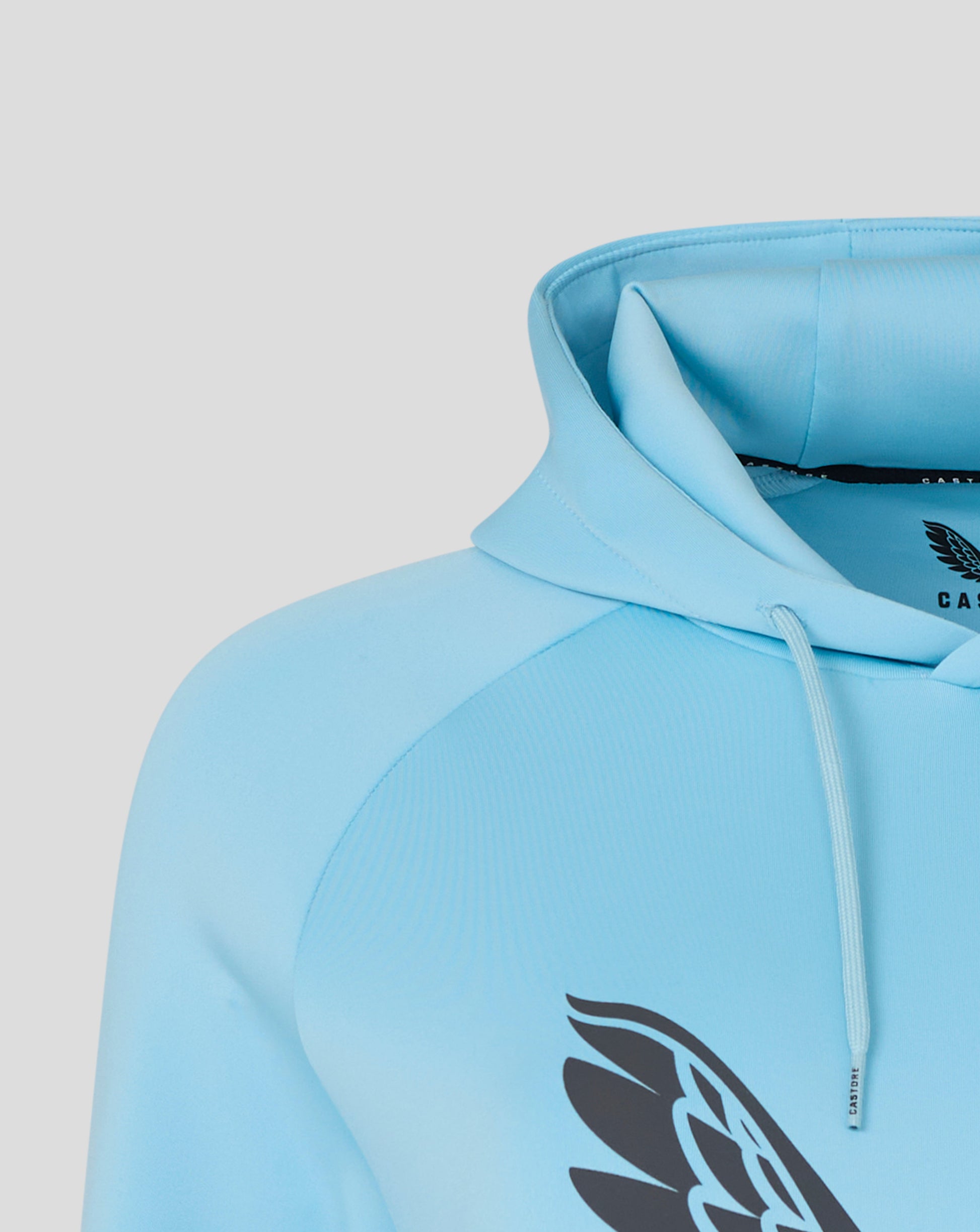 Close up of the hood and neckline on a light blue Harlequins scuba hoodie with drawstrings