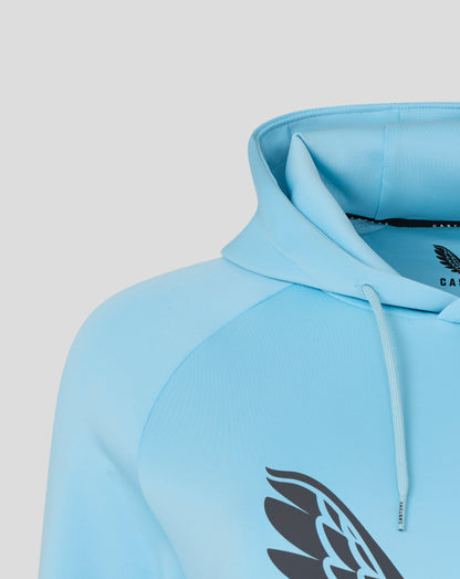 Close up of the hood and neckline on a light blue Harlequins scuba hoodie with drawstrings