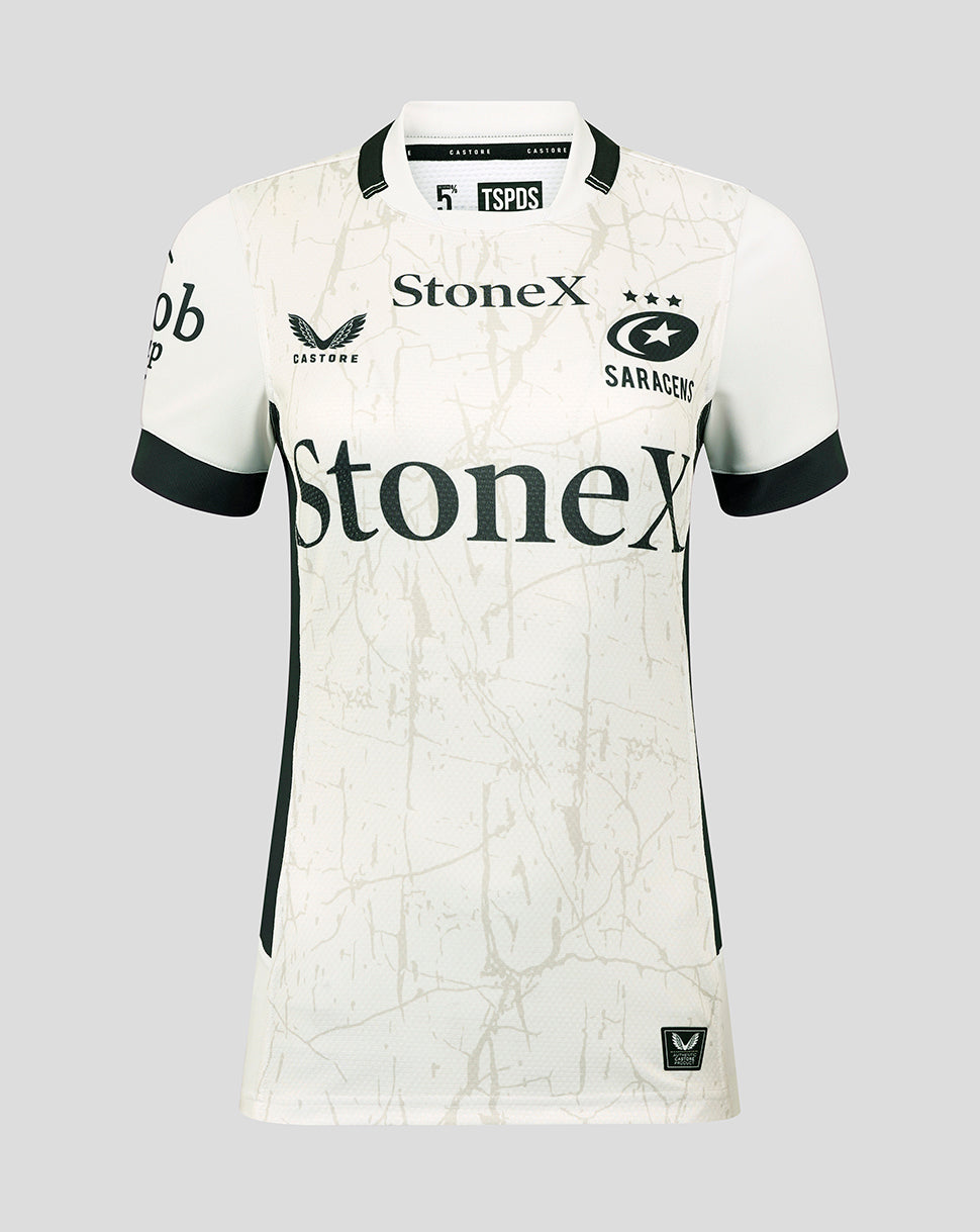 White Saracens away pro shirt with Stonex branding and a marble crack pattern across the front.