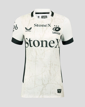 White Saracens away pro shirt with Stonex branding and a marble crack pattern across the front.