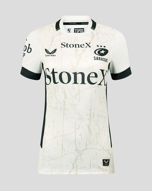 White Saracens away pro shirt with Stonex branding and a marble crack pattern across the front.