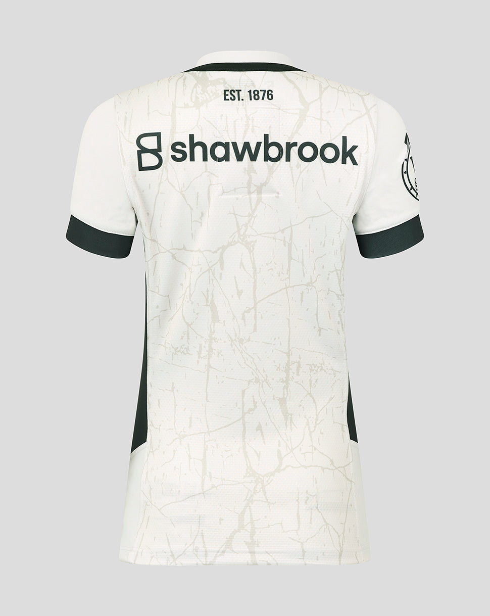 Back view of white Saracens Away Pro Shirt with beige marbled pattern Shawbrook sponsor logo and EST 1876 at neck