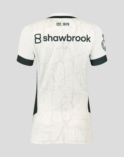 Back view of white Saracens Away Pro Shirt with beige marbled pattern Shawbrook sponsor logo and EST 1876 at neck