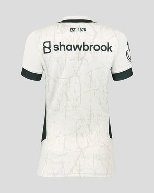 Back view of white Saracens replica away shirt with a marble crackle pattern and Shawbrook sponsor.