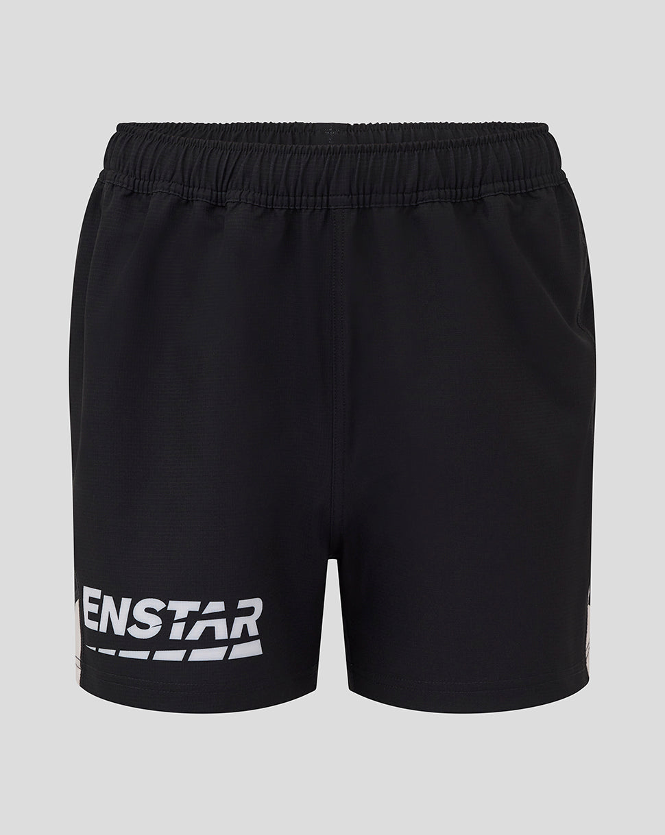 Black shorts with a bold white brand logo on the left leg.