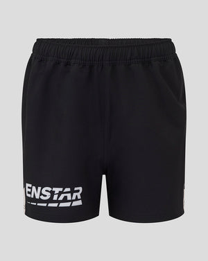 Black shorts with a bold white brand logo on the left leg.