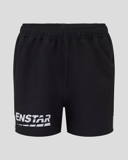 Black shorts with a bold white brand logo on the left leg.