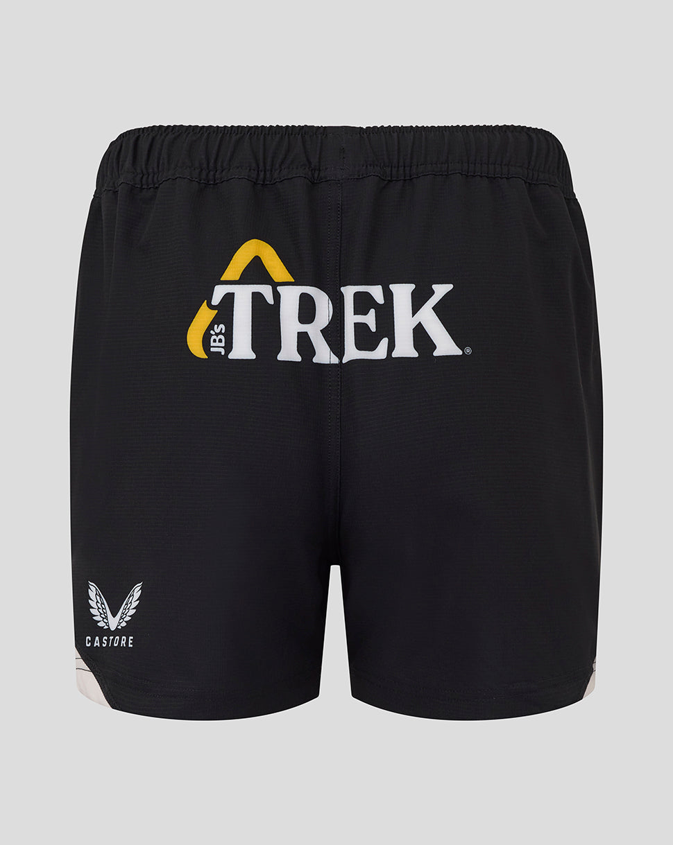 Black Saracens Bath Rugby shorts with a large white TREK logo on the back waistband