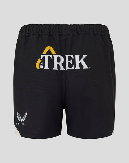 Black Saracens Bath Rugby shorts with a large white TREK logo on the back waistband