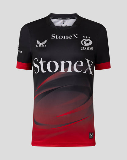 Saracens replica home rugby shirt in black with red gradient and large StoneX logo across front