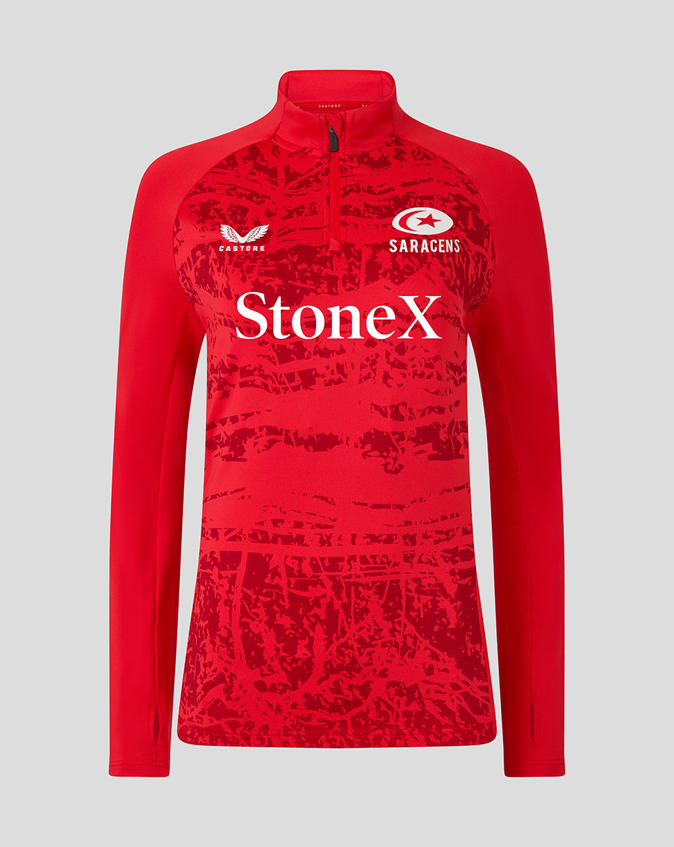 Front view of red Saracens 25/26 Pre Match Midlayer Top with abstract print and logos