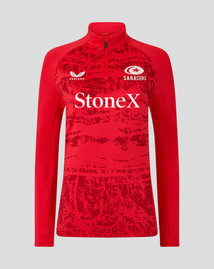 Front view of red Saracens 25/26 Pre Match Midlayer Top with abstract print and logos