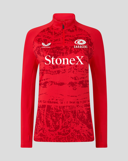 Front view of red Saracens 25/26 Pre Match Midlayer Top with abstract print and logos
