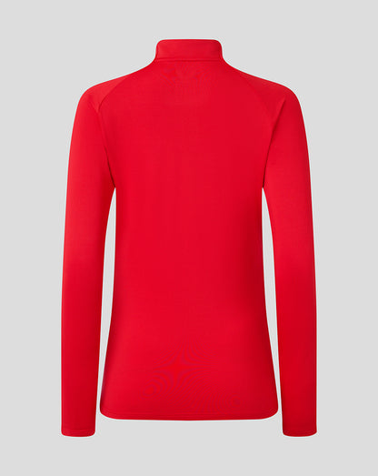 Back view of a bright red Saracens midlayer top with long sleeves and high collar