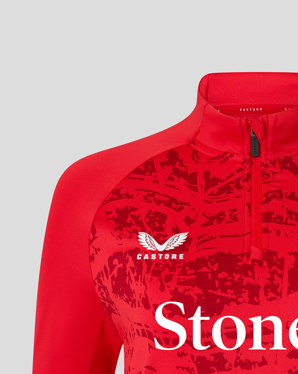 Close-up of red Saracens midlayer top showing StoneX sponsor logo and Castore branding