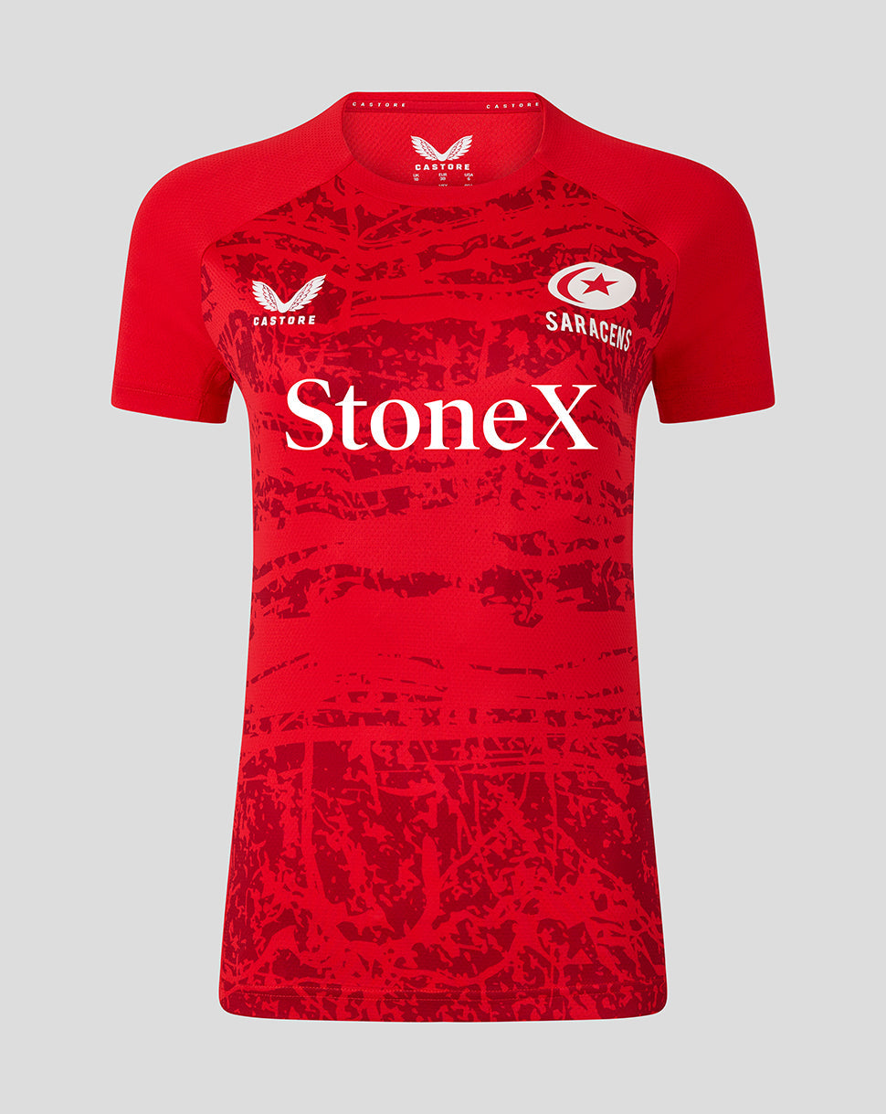 Front view of red Saracens 25/26 matchday short sleeve tee with StoneX sponsor and team crest