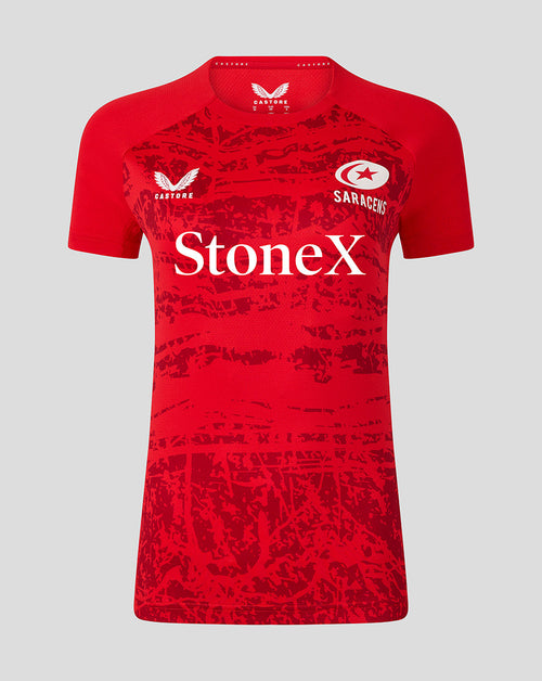 Front view of red Saracens 25/26 matchday short sleeve tee with StoneX sponsor and team crest