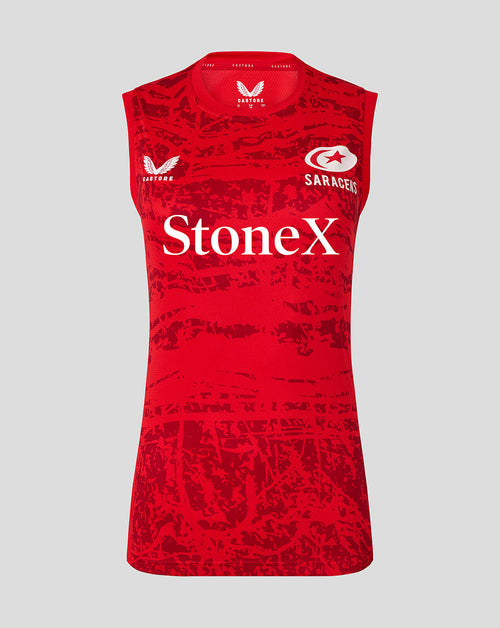 Red sleeveless Saracens matchday tee with camouflage pattern and StoneX sponsor across the front