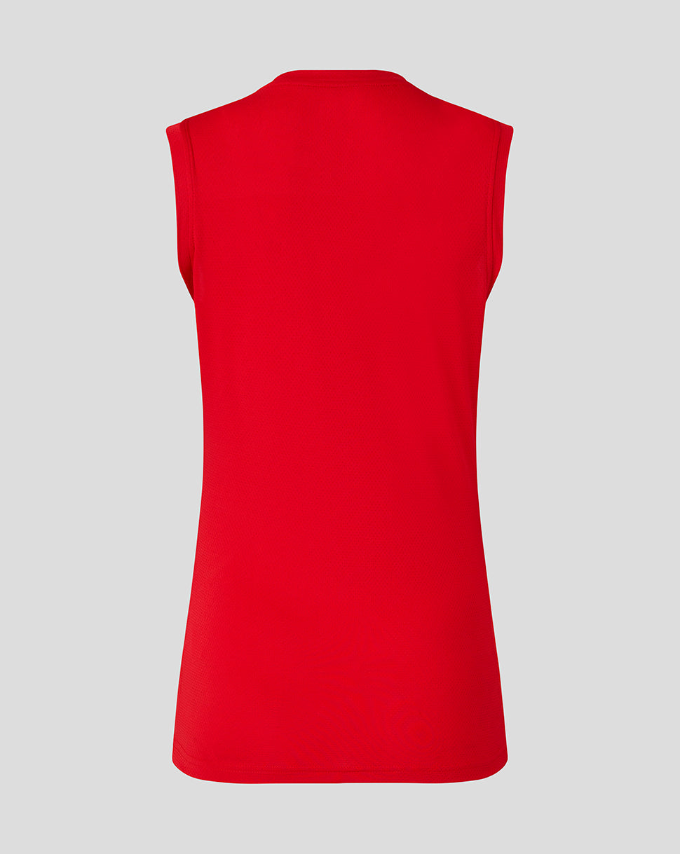 Back view of a bright red Saracens women's 25/26 matchday sleeveless tee