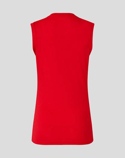 Back view of a bright red Saracens women's 25/26 matchday sleeveless tee