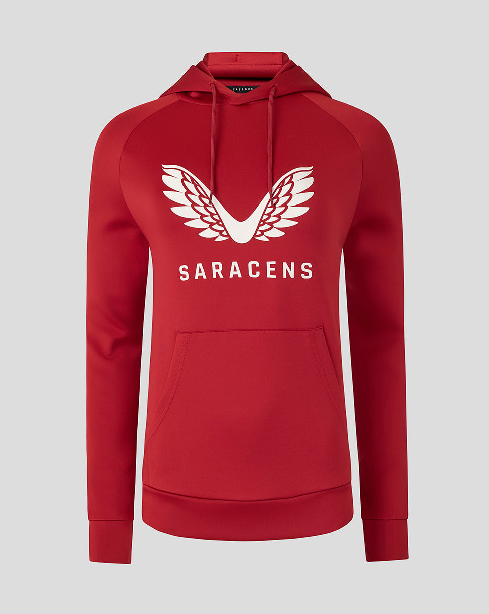 Red Saracens hoodie with white wing emblem and SARACENS text on the chest