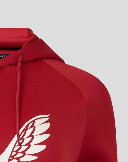 Detail shot of the white wing logo on the chest of the red Saracens hoodie