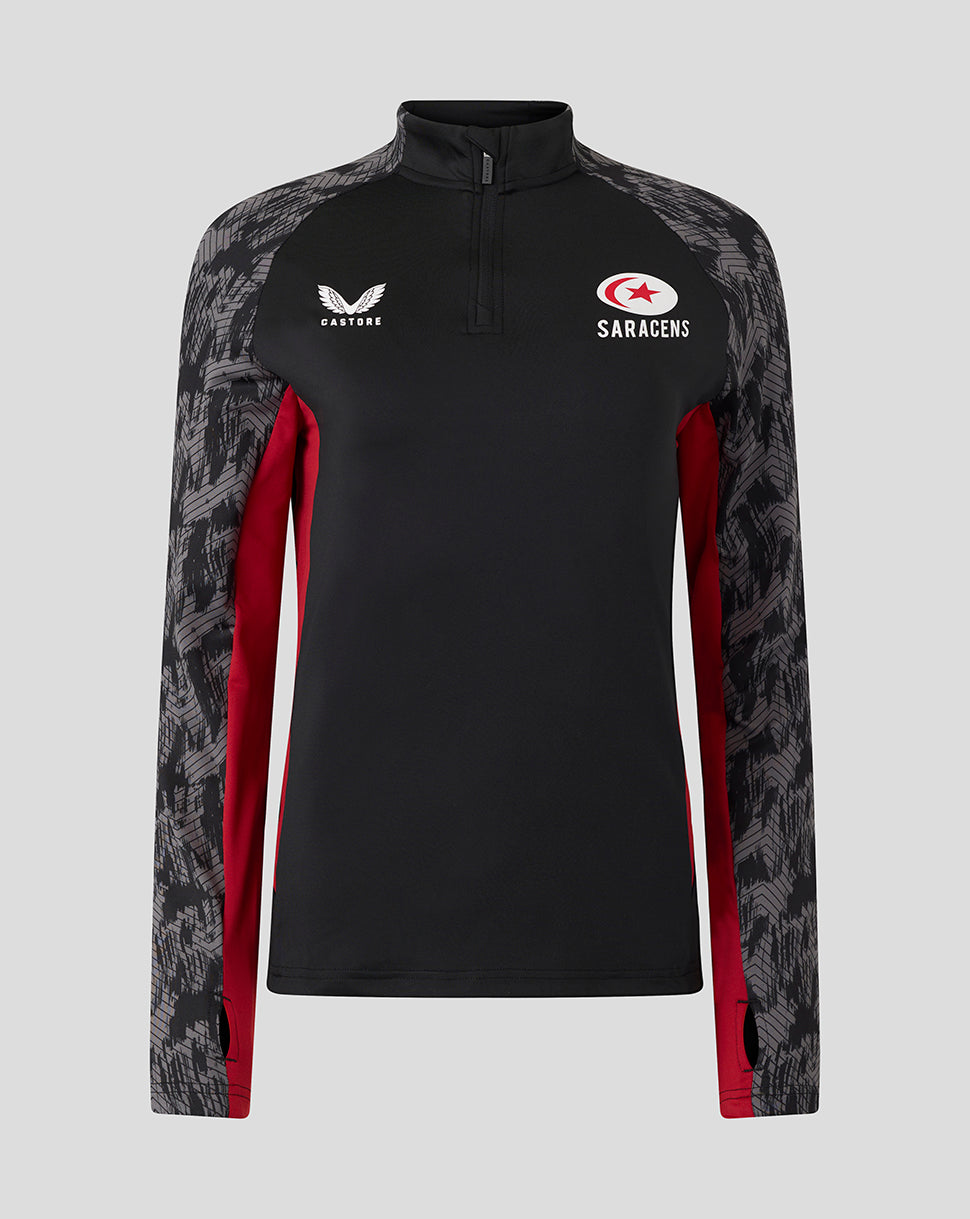 Front view of black Saracens training 1/4 zip top with grey patterned sleeves and red side panels.