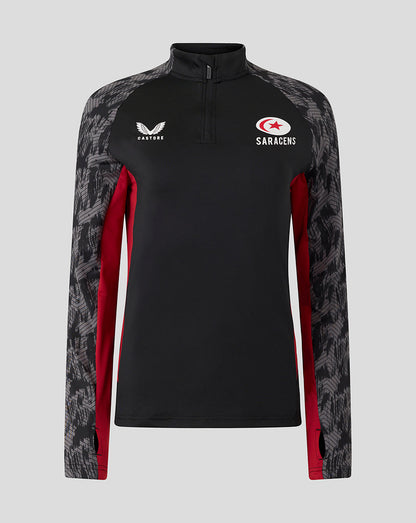 Front view of black Saracens training 1/4 zip top with grey patterned sleeves and red side panels.