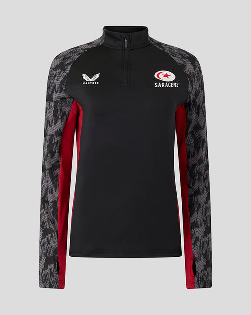 Front view of black Saracens training 1/4 zip top with grey patterned sleeves and red side panels.
