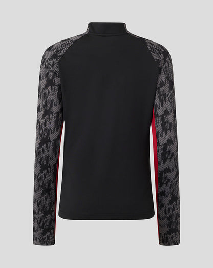 Back view of a Saracens training top with black body, grey patterned sleeves and red side panels