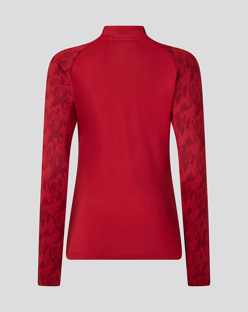 Back view of red Saracens training top showing patterned sleeves and high collar.