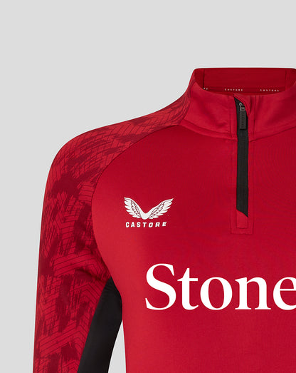 Close-up of red midlayer shoulder with pattern and Castore branding at the collar