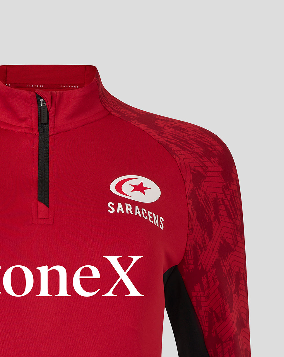 Red Saracens training top with half zip and bold white StoneX branding across the chest