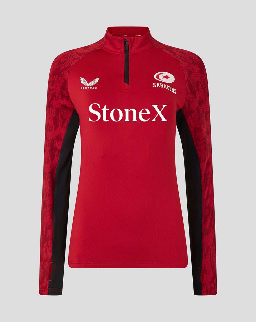 Front view of red Saracens training top with quarter zip, white StonEx sponsor and club crest.