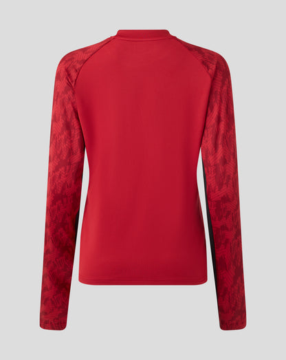 Back view of red long sleeve Saracens training top with geometric sleeve pattern and collar
