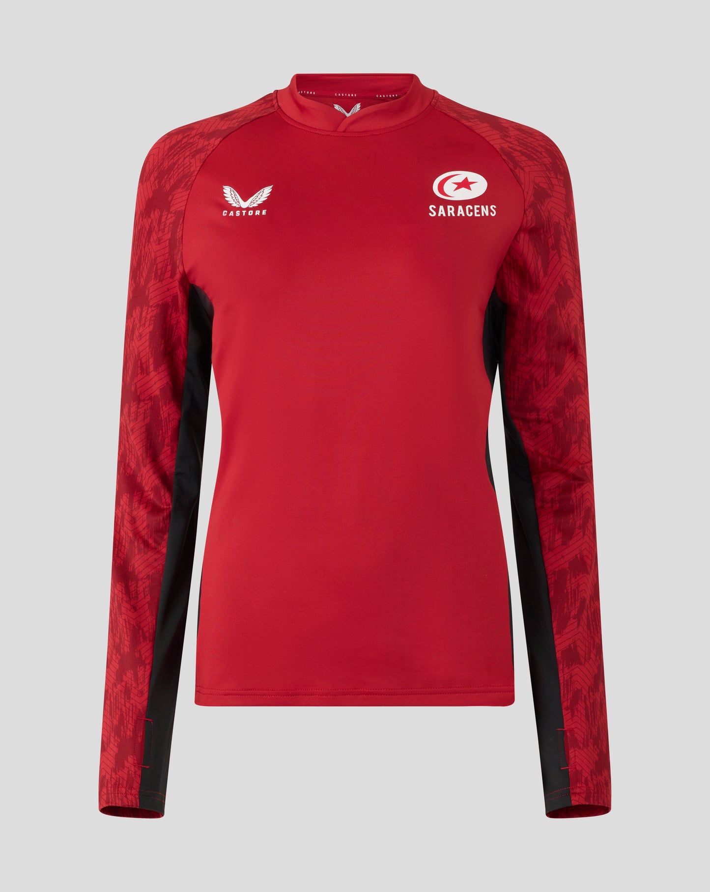 Front view of red Saracens training drill top with white Castore logo and Saracens crest