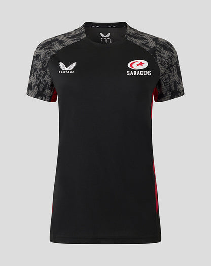 Saracens training short sleeve tee in black with gray textured sleeves and crest on chest.