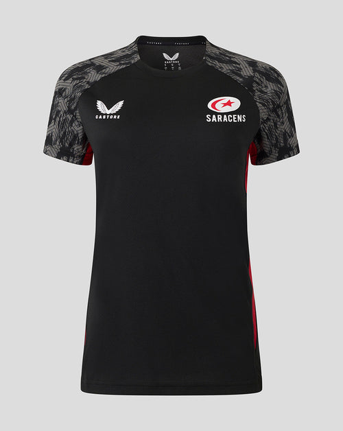 Saracens training short sleeve tee in black with gray textured sleeves and crest on chest.