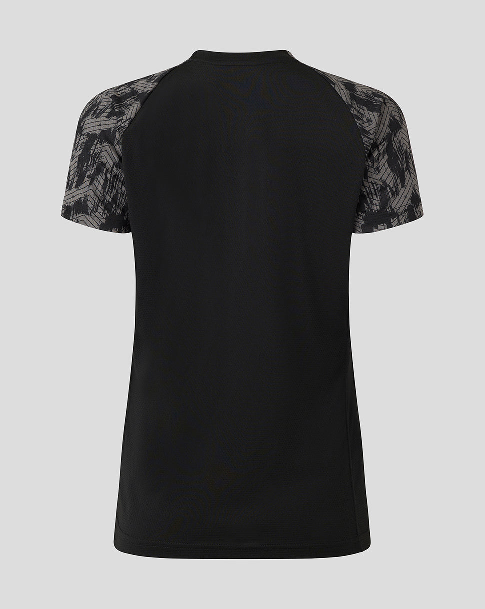 Back view of Saracens Women's Training Short Sleeve Tee with black body and gray patterned sleeves