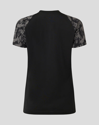 Back view of Saracens Women's Training Short Sleeve Tee with black body and gray patterned sleeves