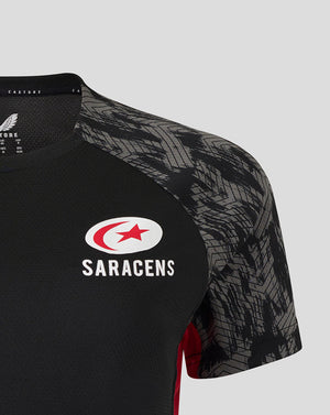 Front view of Saracens Women's Training Short Sleeve Tee in black with gray patterned sleeves and white logo
