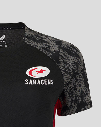 Front view of Saracens Women's Training Short Sleeve Tee in black with gray patterned sleeves and white logo