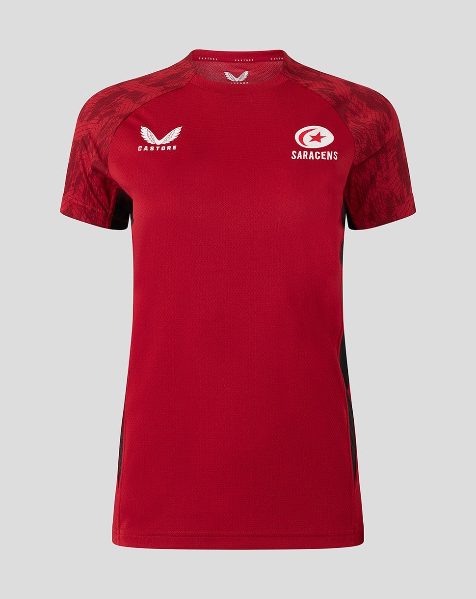 Front view of red Saracens training tee with white crest on the chest and Castore branding on breathable textured fabric.