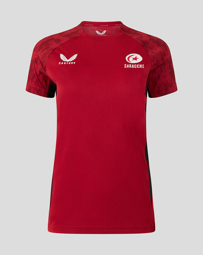 Front view of red Saracens training tee with white crest on the chest and Castore branding on breathable textured fabric.