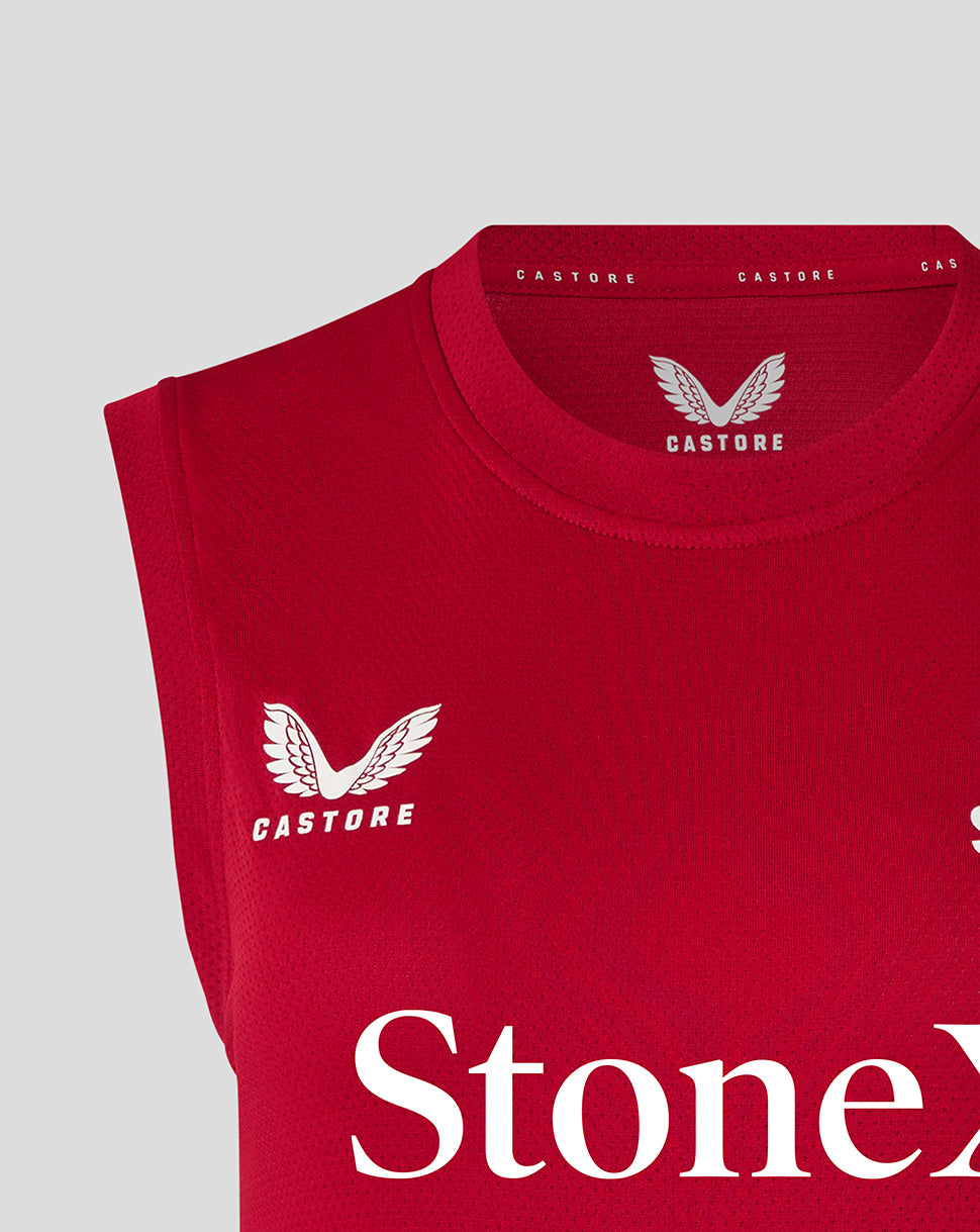 Front close up of red Saracens vest featuring crest and large StoneX across the chest.