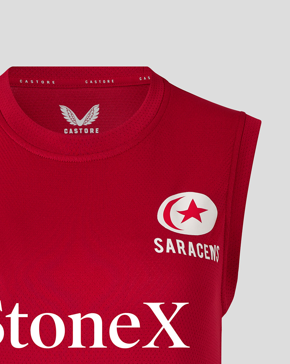 Front close up of red Saracens training vest showing crest and StoneX sponsor text.