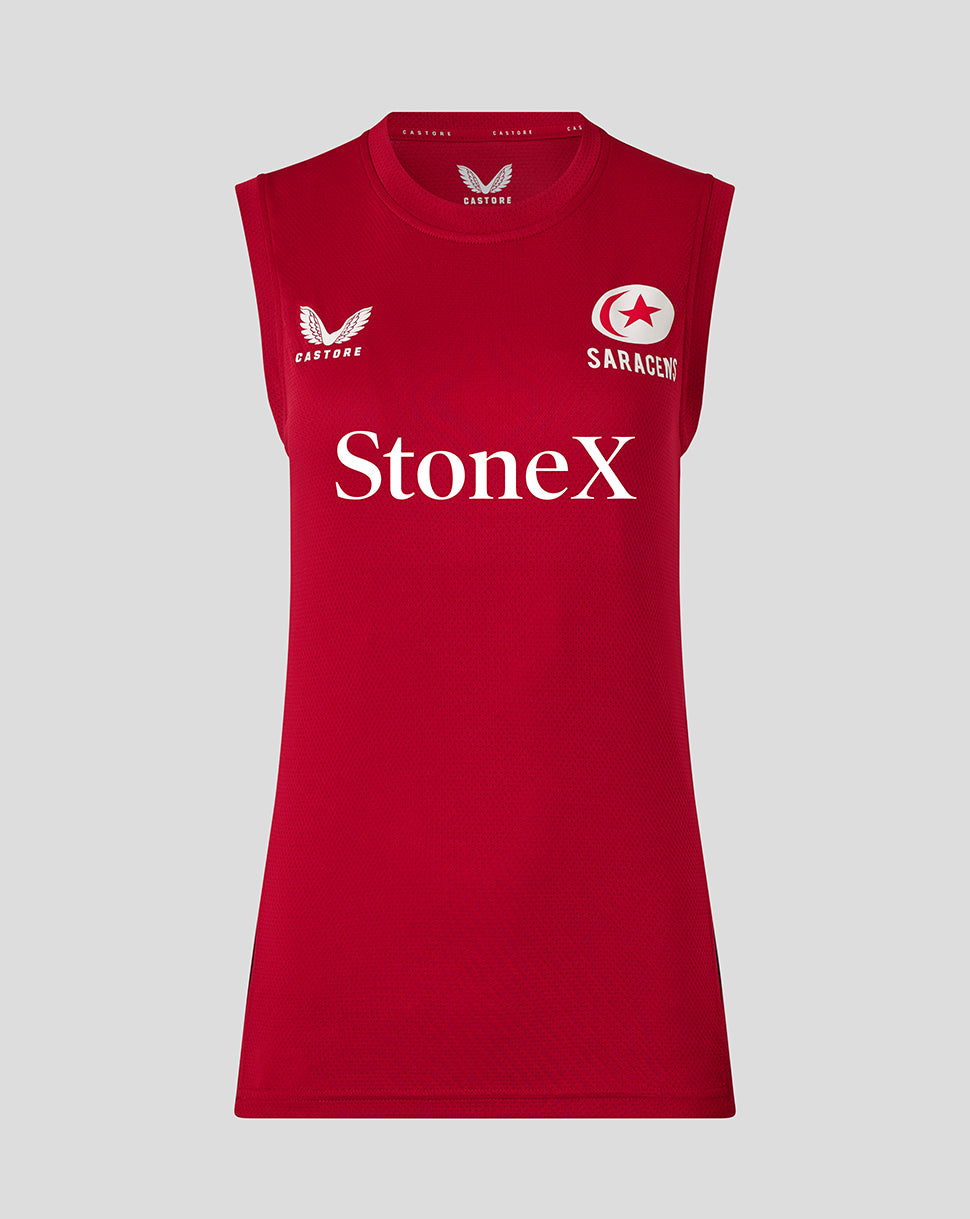 Red Saracens training vest with StoneX across the chest and team logos on the upper chest.