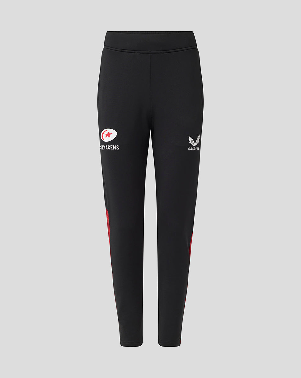 Front view of black Saracens training pants with logo on left thigh and Castore emblem on right thigh.
